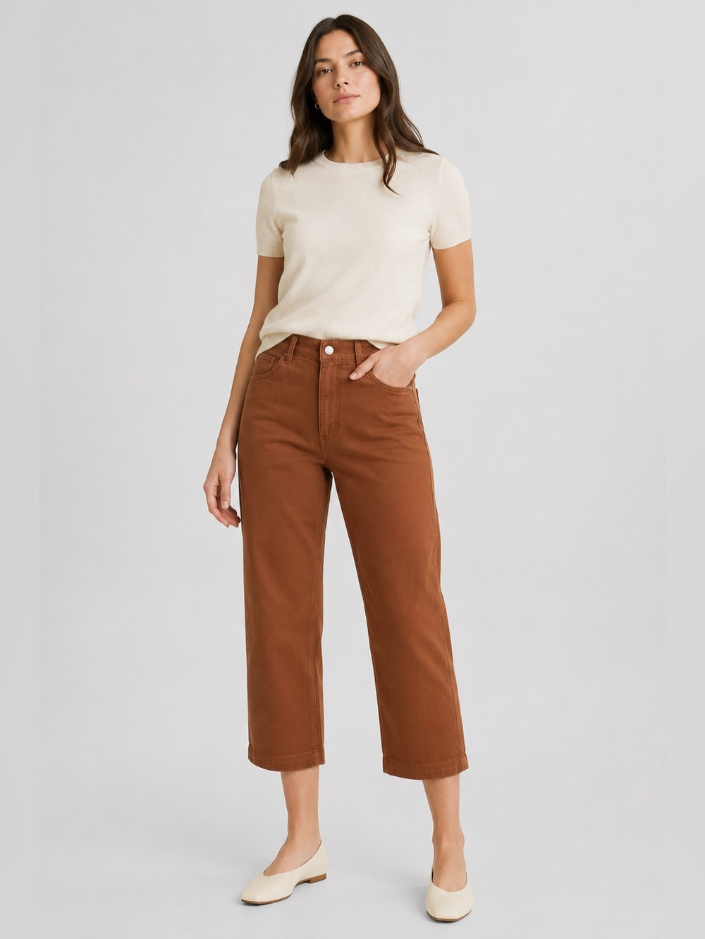 Quince Organic Cotton Twill Cropped Pants Rust Brown Straight Leg Stretch 4